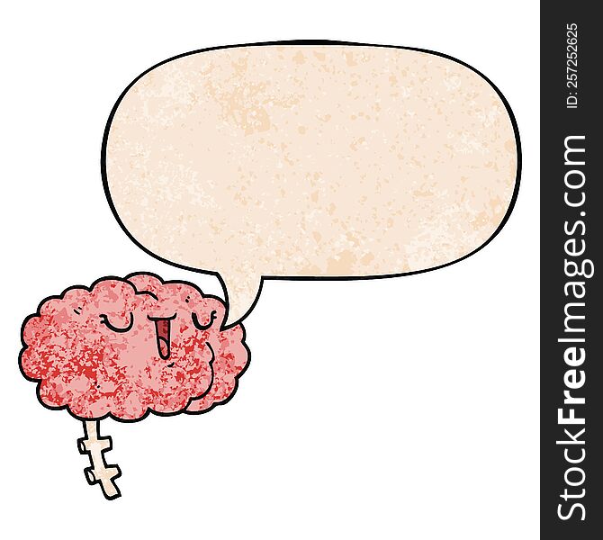 happy cartoon brain with speech bubble in retro texture style