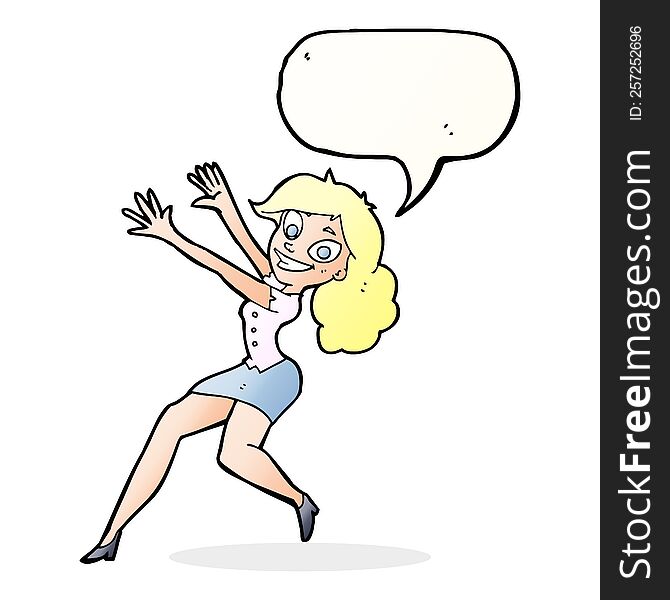 cartoon happy woman jumping with speech bubble