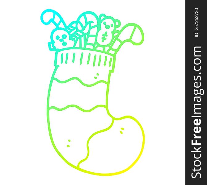 cold gradient line drawing of a cartoon christmas stocking full of toys