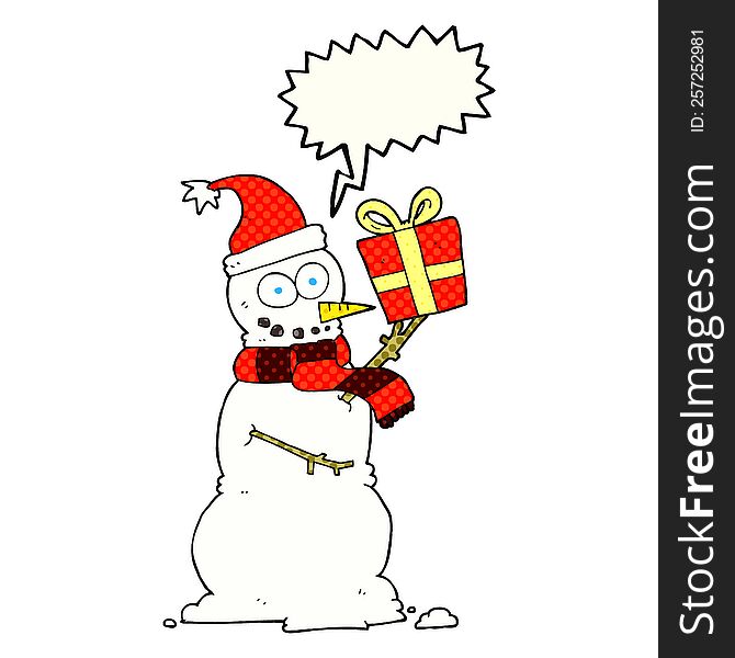 Comic Book Speech Bubble Cartoon Snowman Holding Present