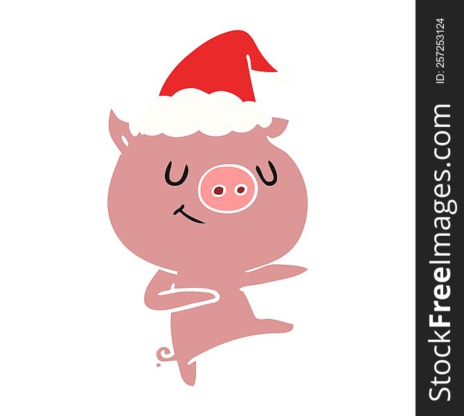happy hand drawn flat color illustration of a pig dancing wearing santa hat
