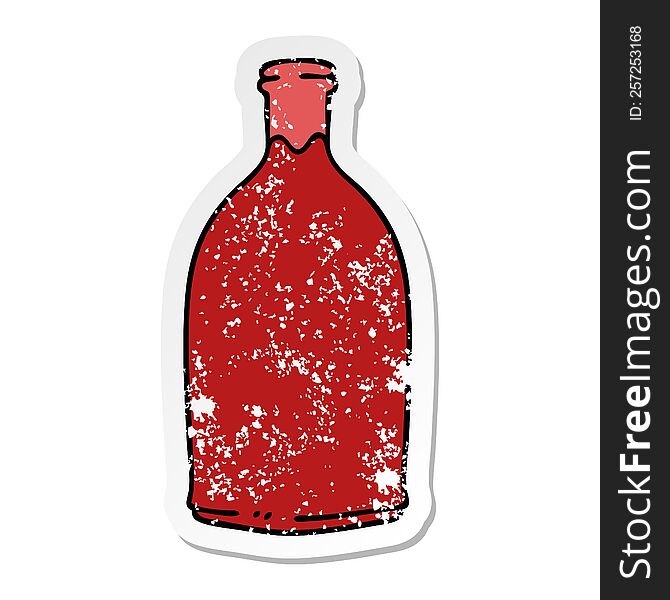 distressed sticker of a quirky hand drawn cartoon red wine bottle