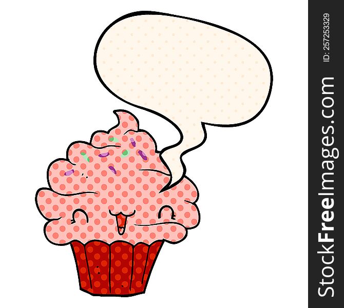 Cute Cartoon Frosted Cupcake And Speech Bubble In Comic Book Style