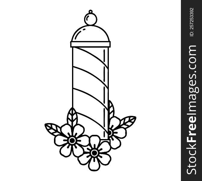 tattoo in black line style of a barbers pole. tattoo in black line style of a barbers pole