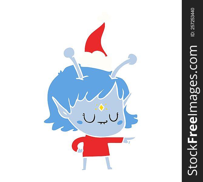 hand drawn flat color illustration of a alien girl wearing santa hat