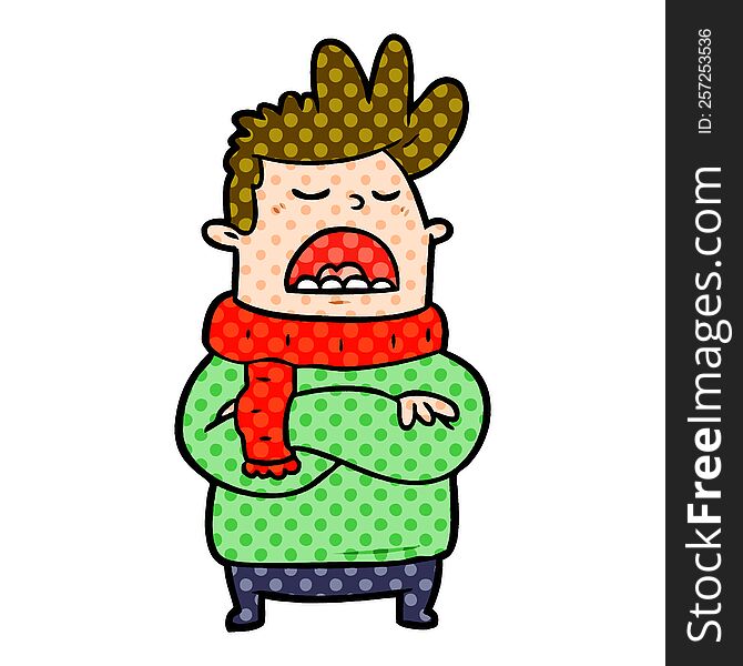 cartoon obnoxious man in winter clothes. cartoon obnoxious man in winter clothes