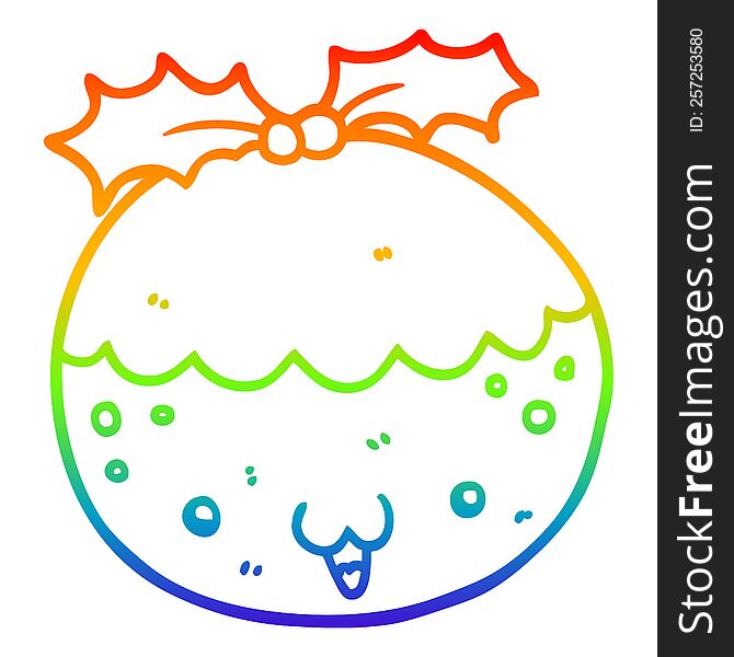 rainbow gradient line drawing of a cute cartoon christmas pudding