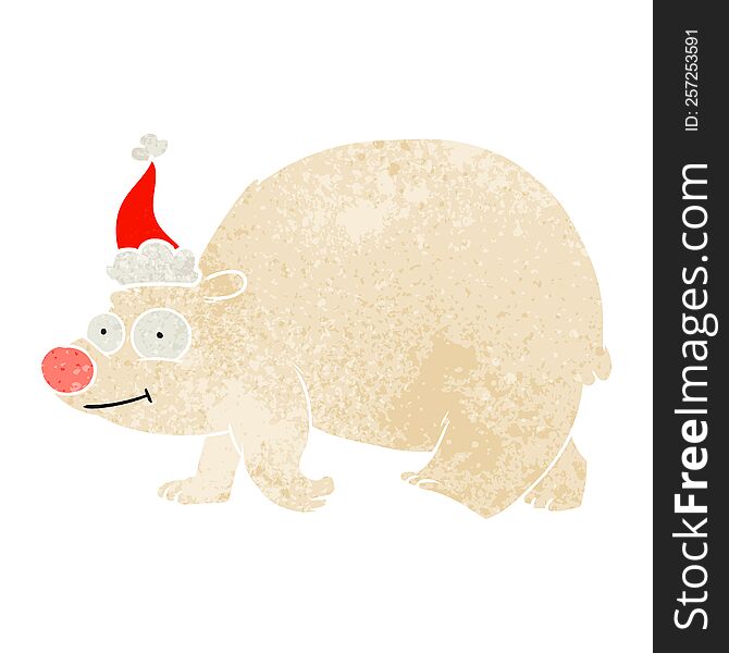 Retro Cartoon Of A Walking Polar Bear Wearing Santa Hat