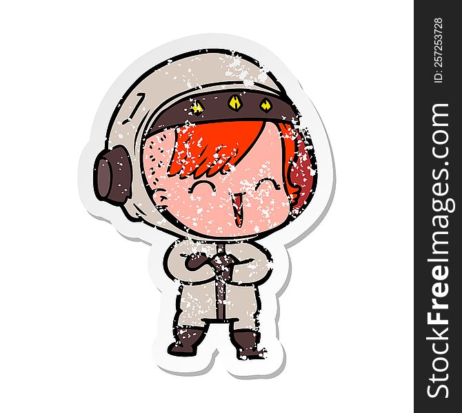 Distressed Sticker Of A Cartoon Laughing Astronaut Girl