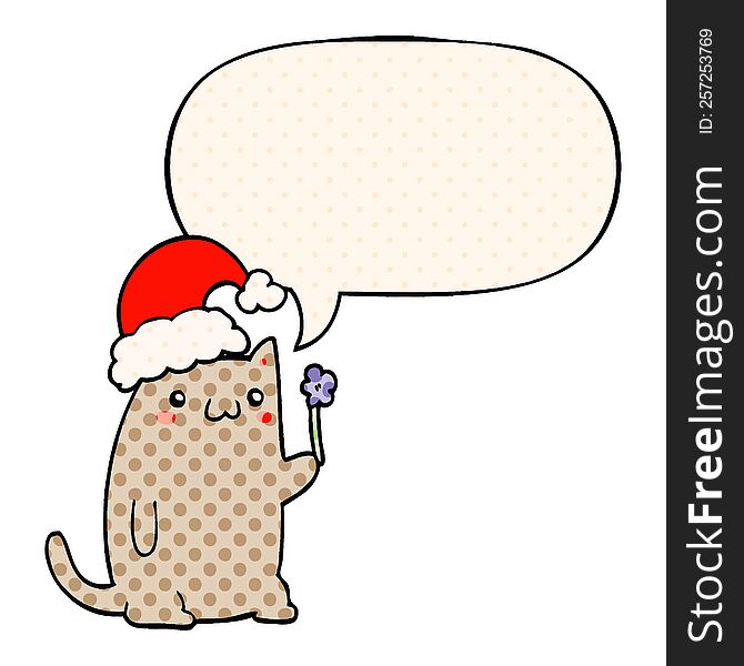 cute cartoon christmas cat with speech bubble in comic book style