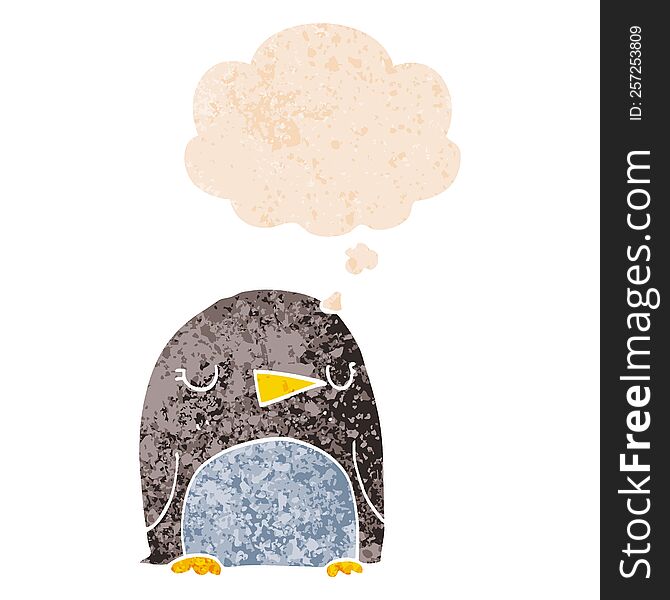 cartoon penguin with thought bubble in grunge distressed retro textured style. cartoon penguin with thought bubble in grunge distressed retro textured style
