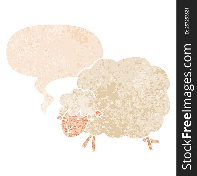 cartoon sheep with speech bubble in grunge distressed retro textured style. cartoon sheep with speech bubble in grunge distressed retro textured style