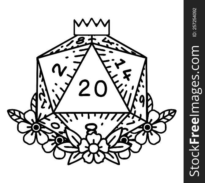 Black and White Tattoo linework Style natural 20 D20 dice roll with floral elements. Black and White Tattoo linework Style natural 20 D20 dice roll with floral elements