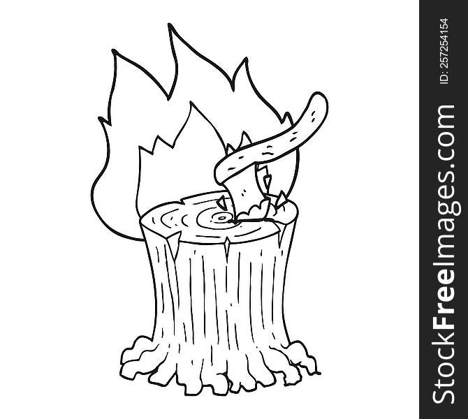 Black And White Cartoon Axe In Flaming Tree Stump