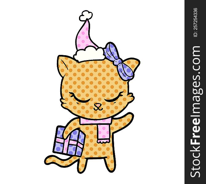 cute comic book style illustration of a cat with present wearing santa hat