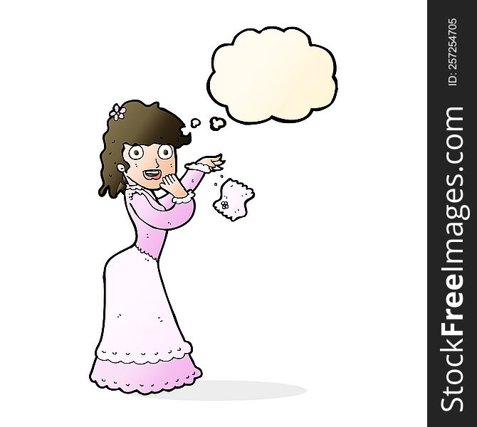 cartoon victorian woman dropping handkerchief with thought bubble