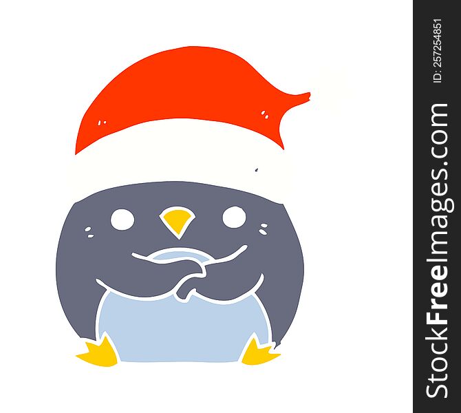 cute flat color style cartoon penguin wearing christmas hat