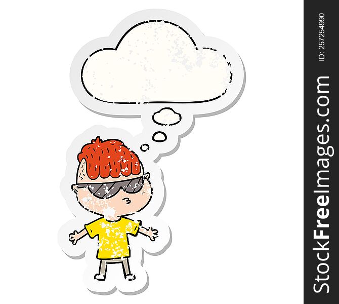 cartoon boy wearing sunglasses with thought bubble as a distressed worn sticker