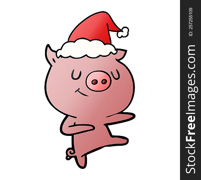 Happy Gradient Cartoon Of A Pig Dancing Wearing Santa Hat