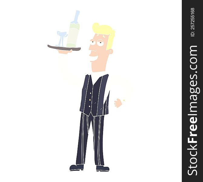 Flat Color Illustration Of A Cartoon Waiter