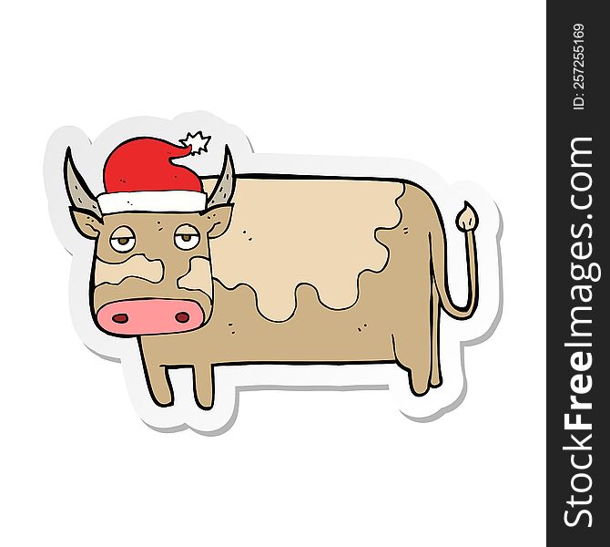 Sticker Of A Cartoon Cow With Christmas Hat