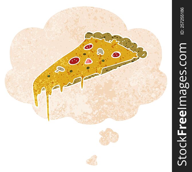 Cartoon Pizza Slice And Thought Bubble In Retro Textured Style