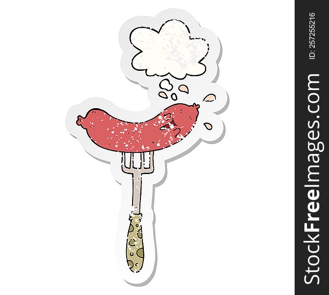 cartoon happy sausage on fork with thought bubble as a distressed worn sticker