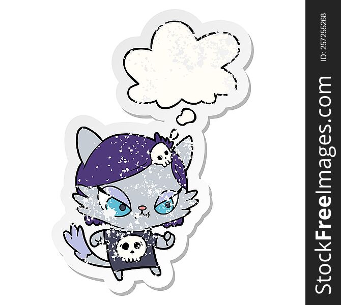 Cartoon Tough Cat Girl And Thought Bubble As A Distressed Worn Sticker