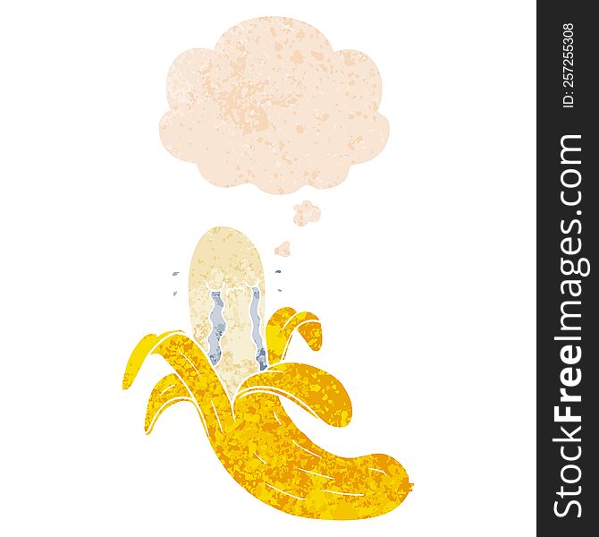 Cartoon Crying Banana And Thought Bubble In Retro Textured Style