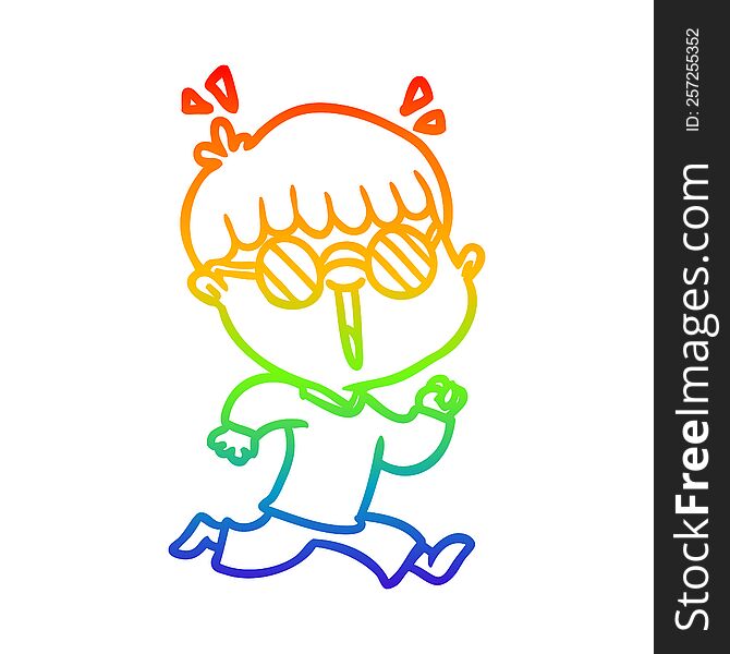 Rainbow Gradient Line Drawing Cartoon Running Boy Wearing Spectacles