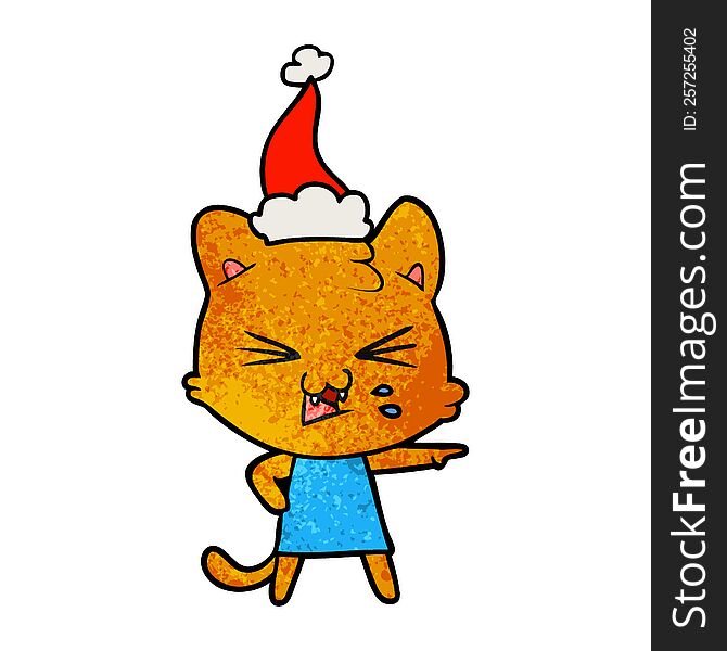 Textured Cartoon Of A Hissing Cat Wearing Santa Hat
