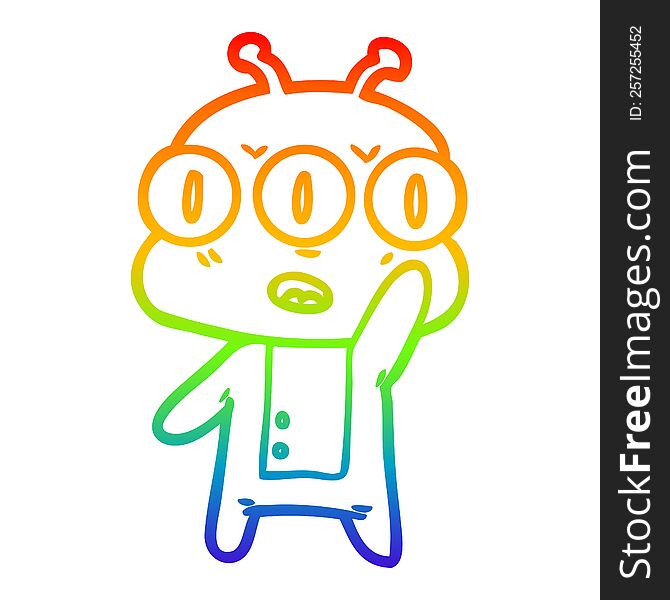 Rainbow Gradient Line Drawing Cartoon Three Eyed Alien Waving