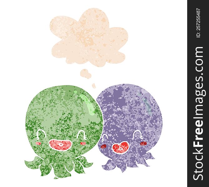 Two Cartoon Octopi  And Thought Bubble In Retro Textured Style