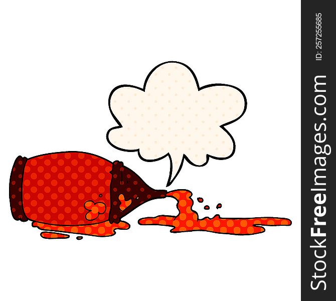 cartoon spilled ketchup bottle with speech bubble in comic book style