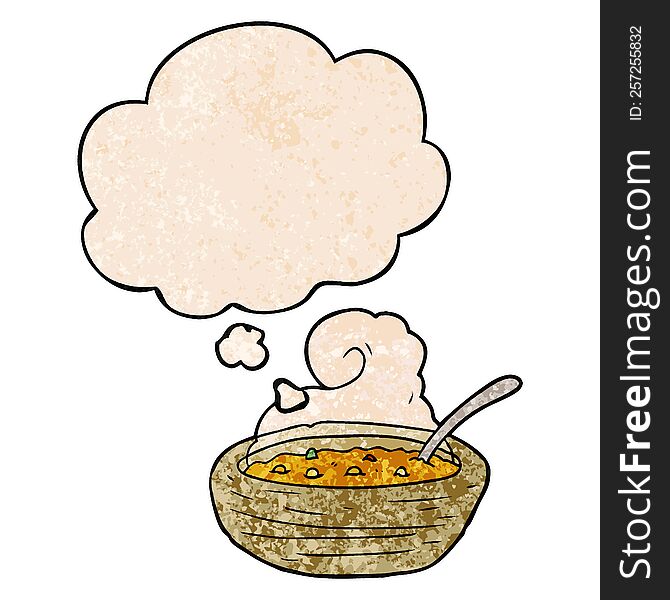 Cartoon Bowl Of Hot Soup And Thought Bubble In Grunge Texture Pattern Style