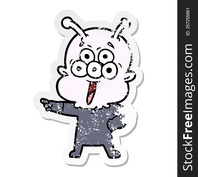 distressed sticker of a happy cartoon alien pointing