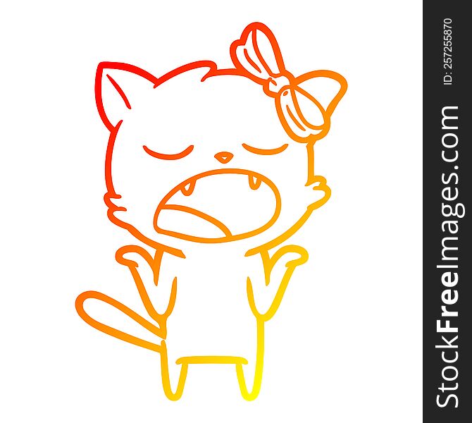 warm gradient line drawing of a cartoon yawning cat shrugging shoulders