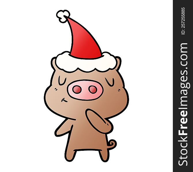hand drawn gradient cartoon of a content pig wearing santa hat