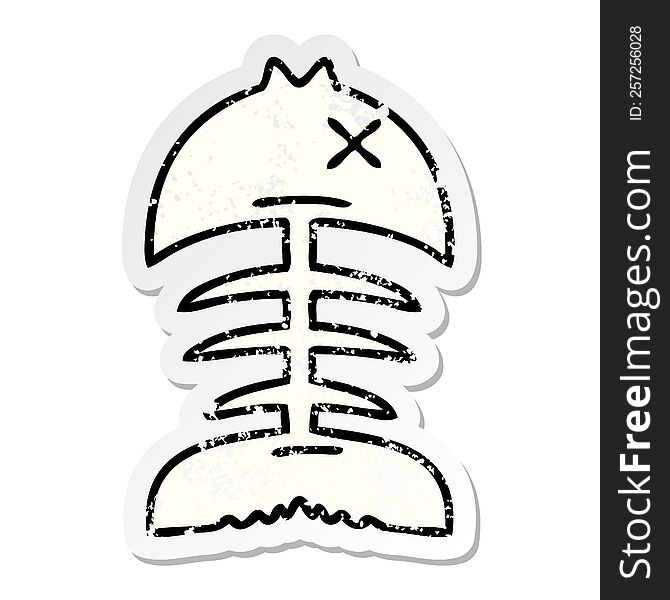 Distressed Sticker Of A Quirky Hand Drawn Cartoon Dead Fish Bone