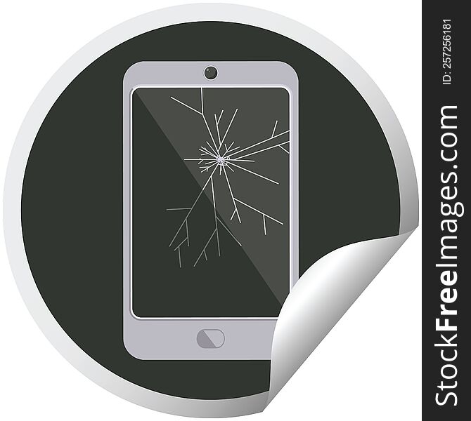 cracked screen cell phone graphic vector illustration circular sticker. cracked screen cell phone graphic vector illustration circular sticker