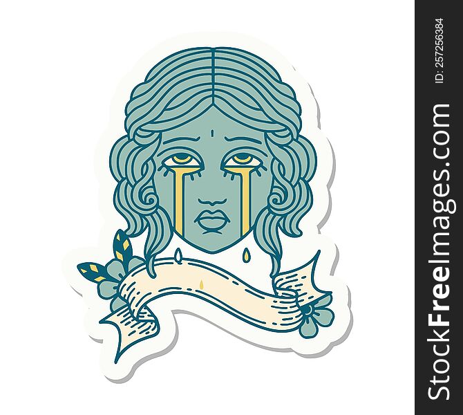 tattoo style sticker with banner of female face crying