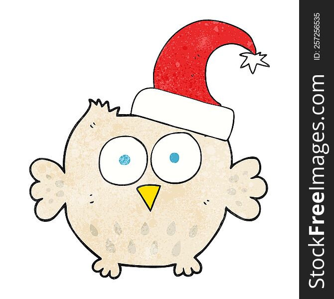 freehand textured cartoon little owl wearing christmas hat