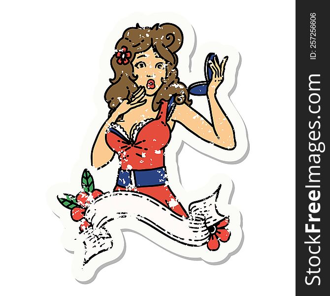 Distressed Sticker Tattoo Of A Pinup Surprised Girl With Banner