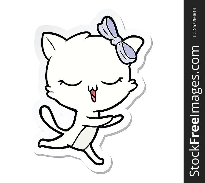 Sticker Of A Cartoon Cat With Bow On Head