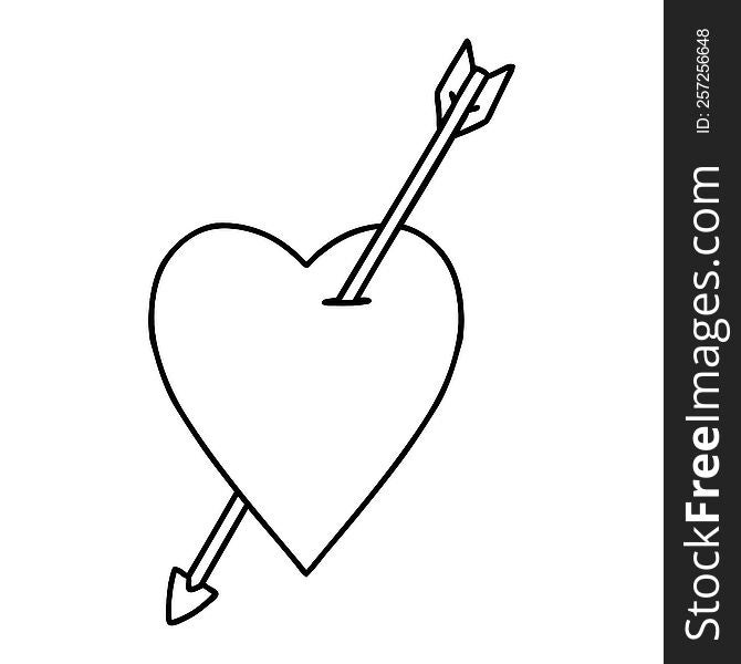 black line tattoo of an arrow and heart