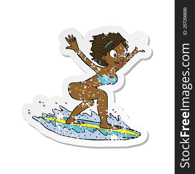 retro distressed sticker of a cartoon surfer girl