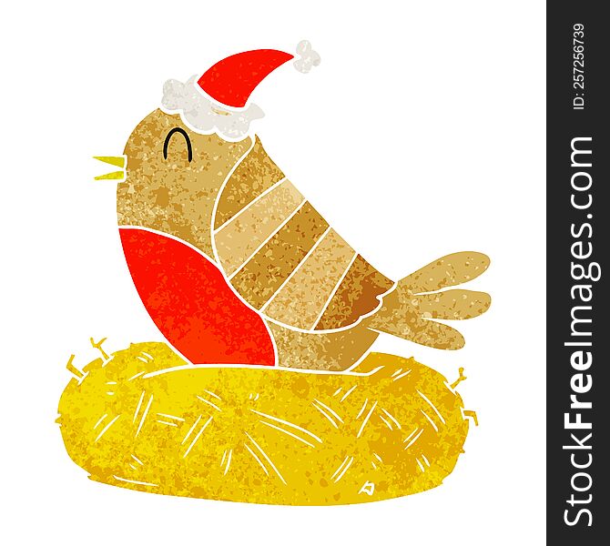 Retro Cartoon Of A Bird Sitting On Nest Wearing Santa Hat