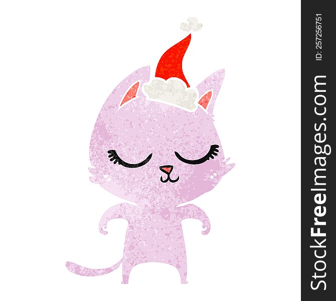 calm hand drawn retro cartoon of a cat wearing santa hat. calm hand drawn retro cartoon of a cat wearing santa hat