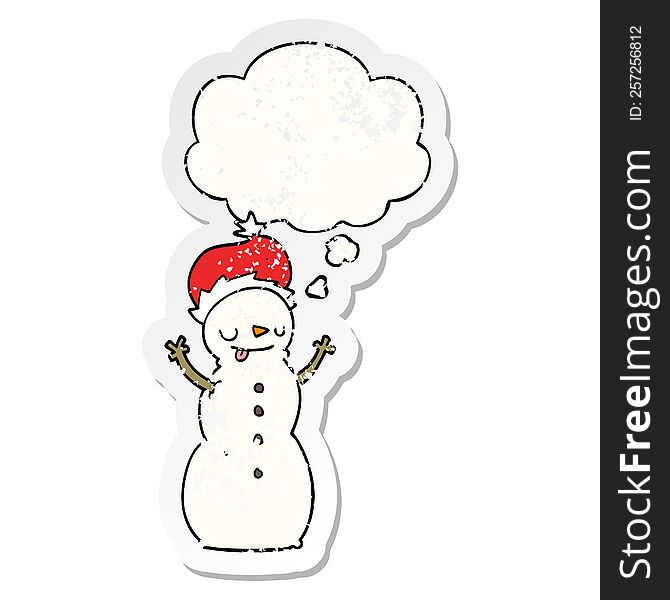 Cartoon Christmas Snowman And Thought Bubble As A Distressed Worn Sticker