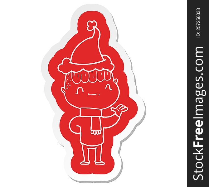 quirky cartoon  sticker of a friendly boy wearing santa hat